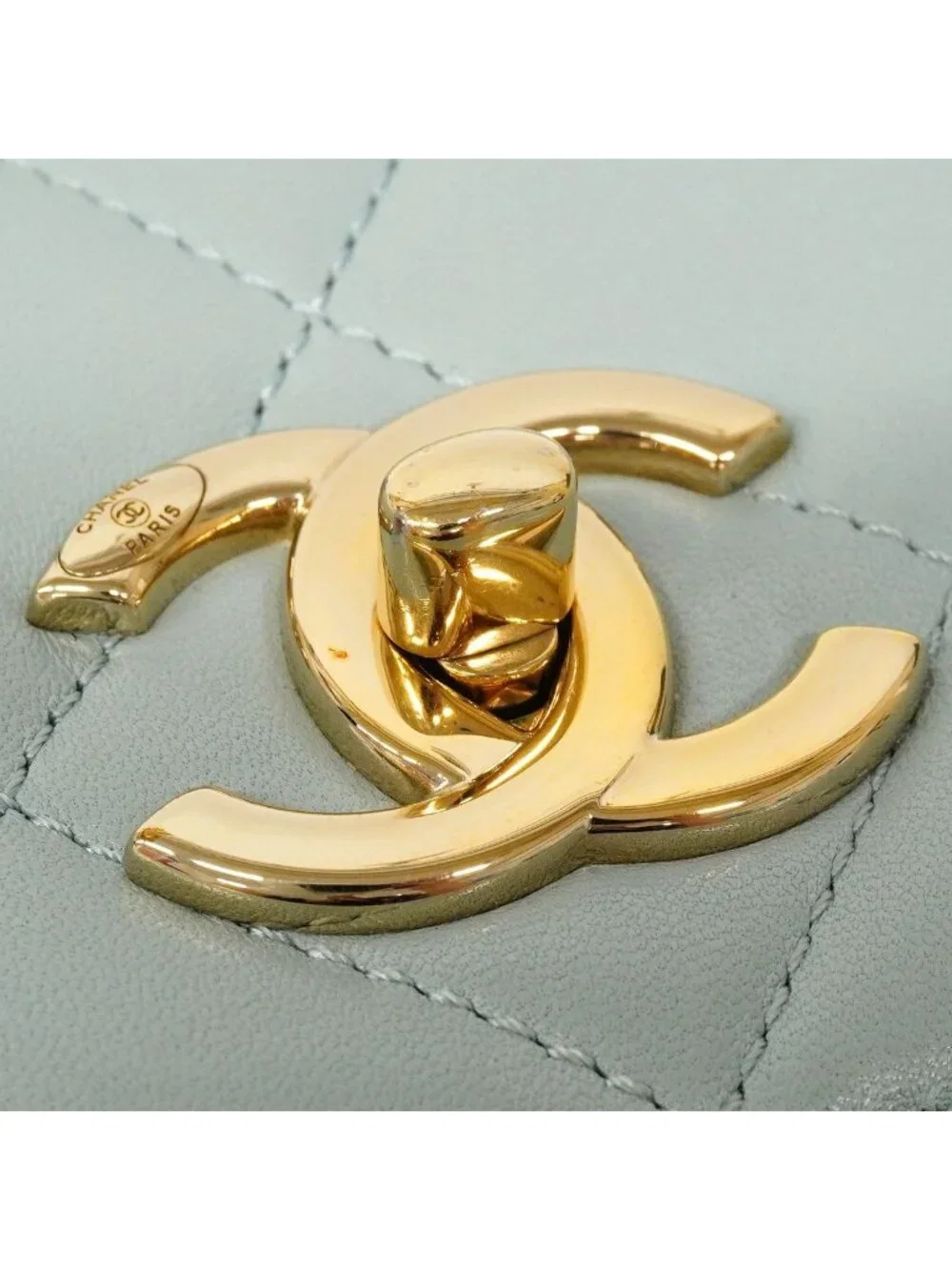Chanel Handbag Quilted Lambskin Light Blue Champagne Gold 2-Way
